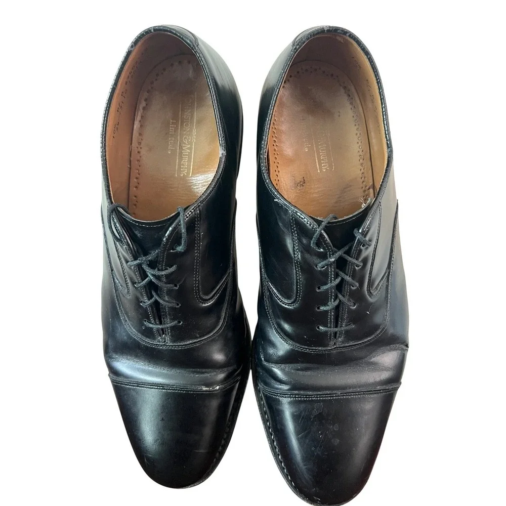 Johnston‎ & Murphy Limited Mens 10.5 D Black Leather Cap Toe Oxford Shoes Italy